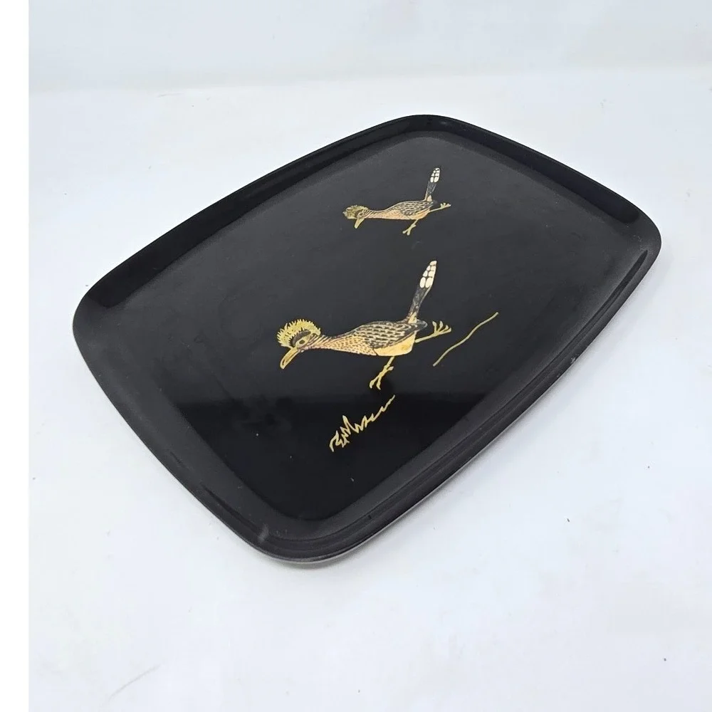 Vtg MCM Couroc roadrunner tray brass wood Inlay barware retro rustic desert-chic